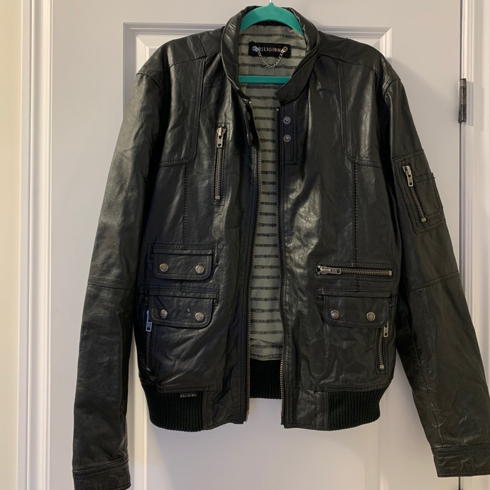 Religion Black Leather Coat